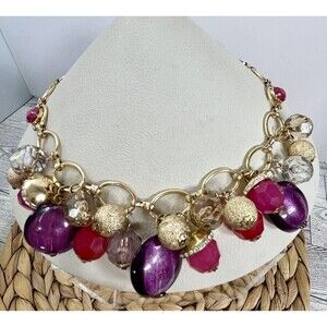 Y2K Beaded Dangle Statement Necklace Gold Tone 20” Pink Purple Fairy Cha Cha